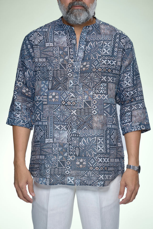 Indigo Nomad Mosaic Pure Linen 3/4 Sleeve Kurta Style Shirt - AddysForMen®️