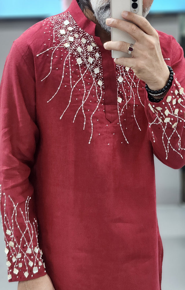 Crimson Red Pure Linen Long Kurta with Hand-Embroidered Khatli Pearl & Sequin Work