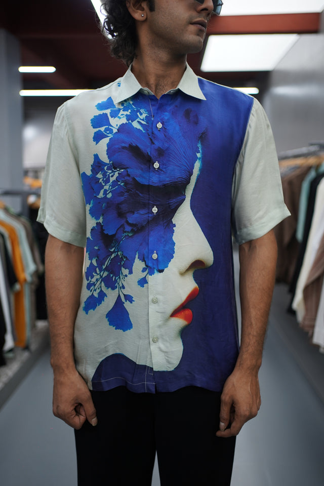 The Midnight Bloom: Pure Bemberg Digital Print Satin Short Sleeve Shirt - AddysForMen®️
