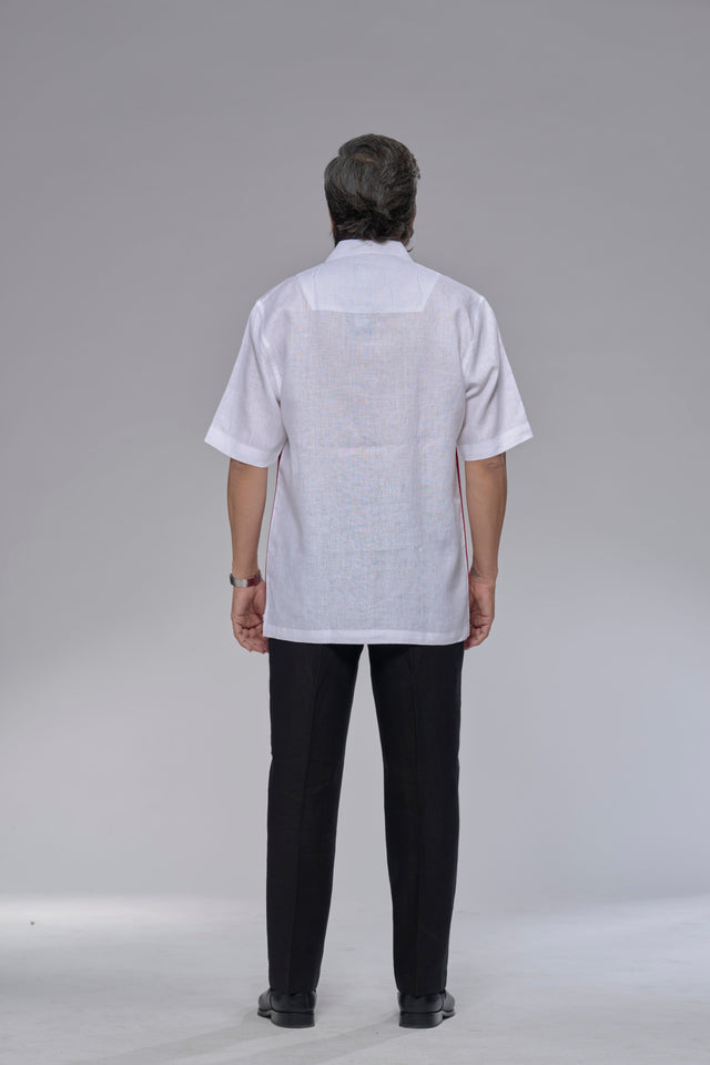 Red Horizon  : Digital Print Patchwork Pure Linen Designer Short Sleeve Shirt - AddysForMen®