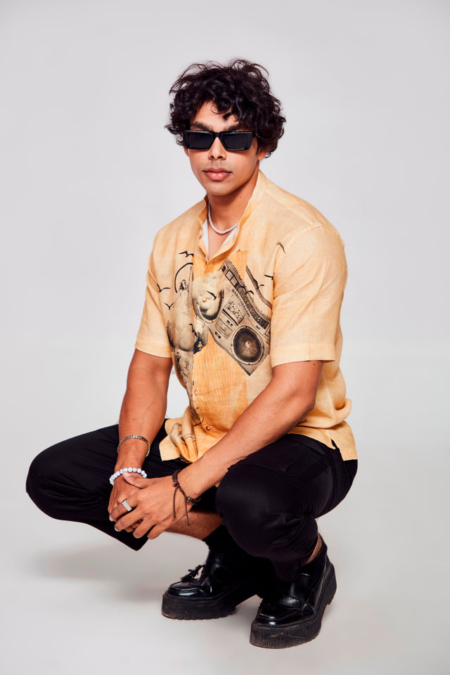 Stylish Melodic Fusion Printed Pure Linen Short Sleeve Shirt