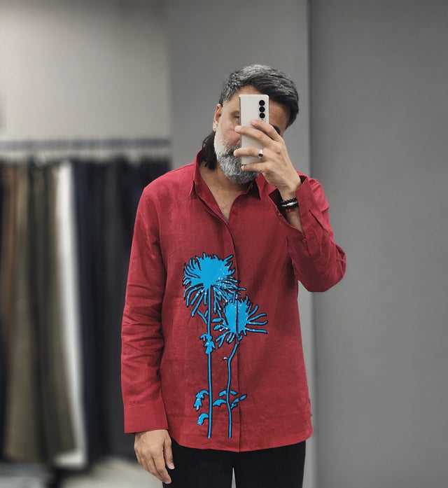 Deep Red Linen Shirt with Electric Blue Botanical Embroidery