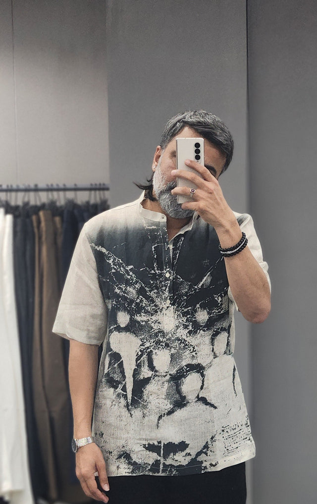 Monochrome Eclipse Digital Print Pure Linen Kurta Style Shirt