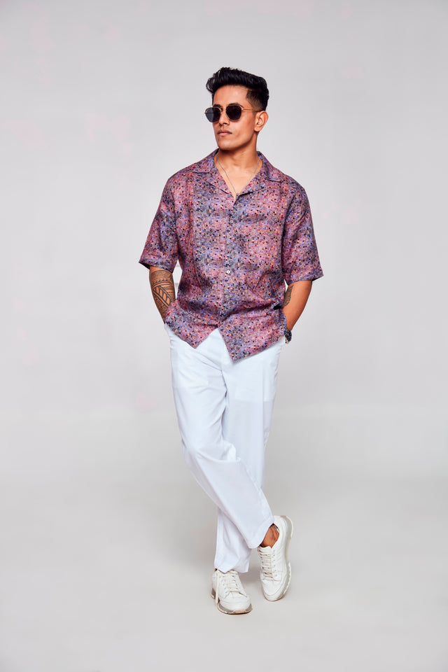 Digitally Embodied Printed Pure Linen Cuban Coller Unisex  Shirt