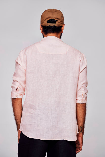 Azure Wings : Dapper Journey with the Majestic Crane - Pure Linen 3/4 Sleeve Kurta Style Shirt