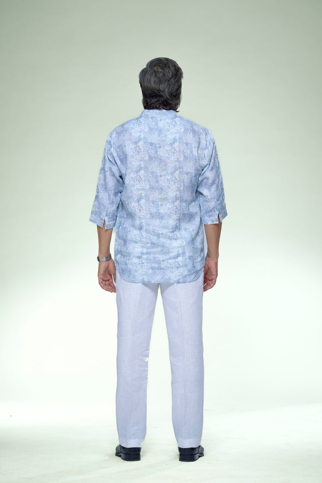 Scarlet Bloom Abstract Floral Pure Linen 3/4 Sleeve Kurta Style Shirt - AddysForMen®️