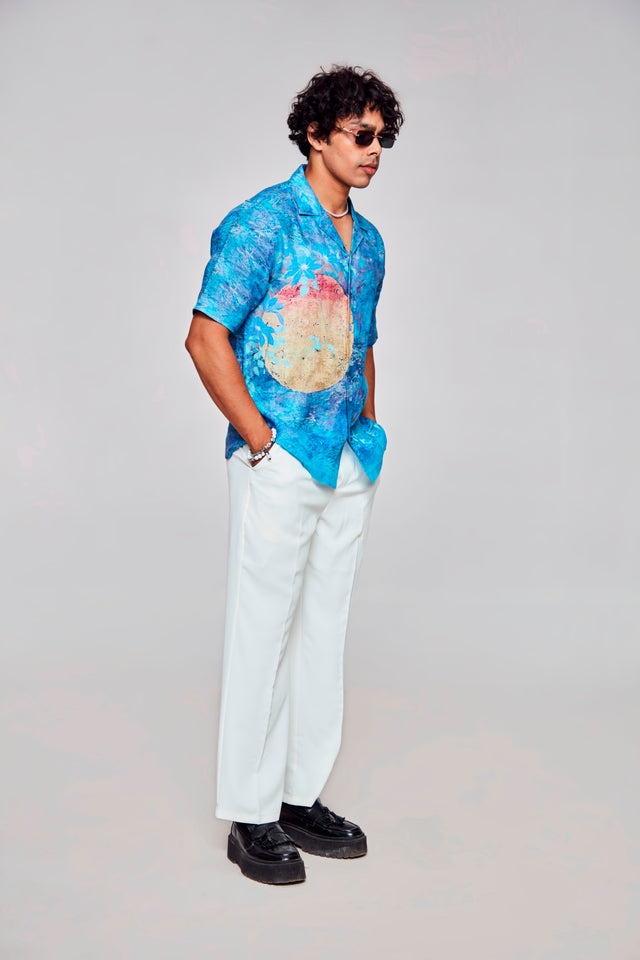 Golden Solace Printed Pure Linen Cuban Coller Shirt