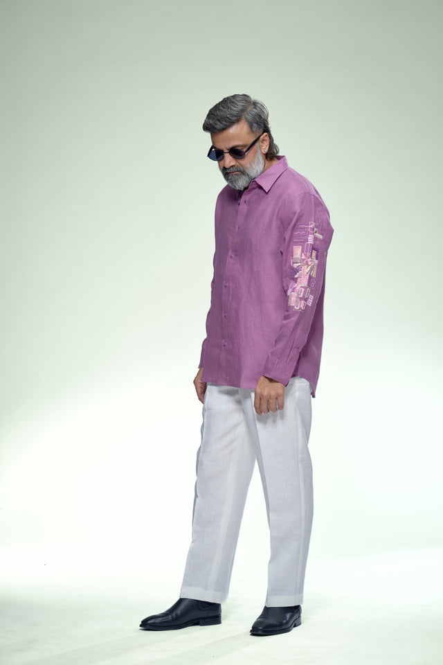 Artisan Motion : 9-hour Sleeve Embroidered Pure Linen Full Sleeve Shirt - AddysForMen®️