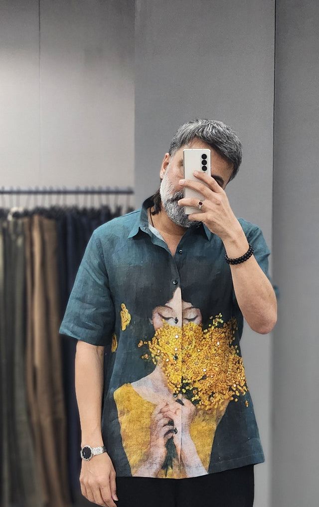 Emerald & Gold Floral Portrait Pure Linen Shirt