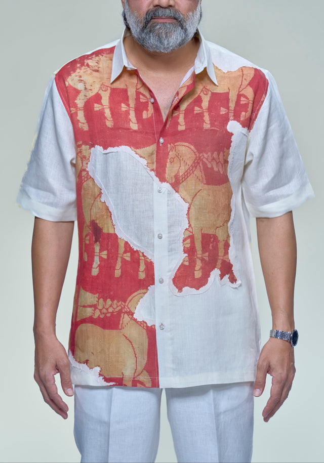 Metamorphosis: Digital Print Patchwork Pure Linen Designer Short Sleeve Shirt - AddysForMen®
