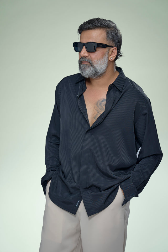 Midnight Armani Black Self-Stripe Full Sleeve Shirt - AddysForMen®️