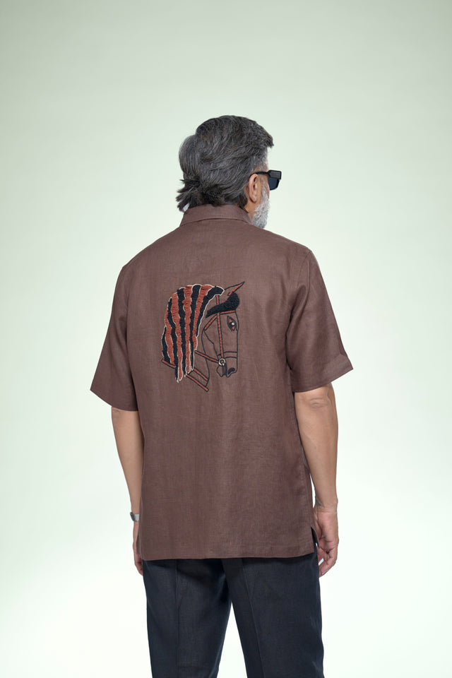 Equestrian Soul: 7-Hour Front & Back Hand-Embroidered Pure Linen Half Sleeve Shirt - AddysForMen®️