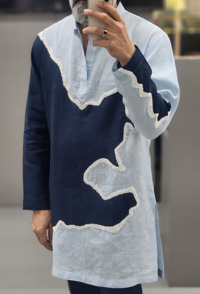 Sky Blue & Midnight Navy Wave Patchwork Hand Khatli Linen Kurta