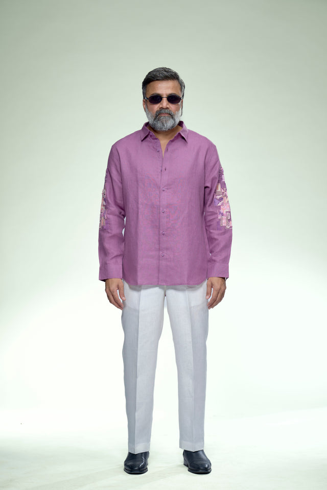 Artisan Motion : 9-hour Sleeve Embroidered Pure Linen Full Sleeve Shirt - AddysForMen®️