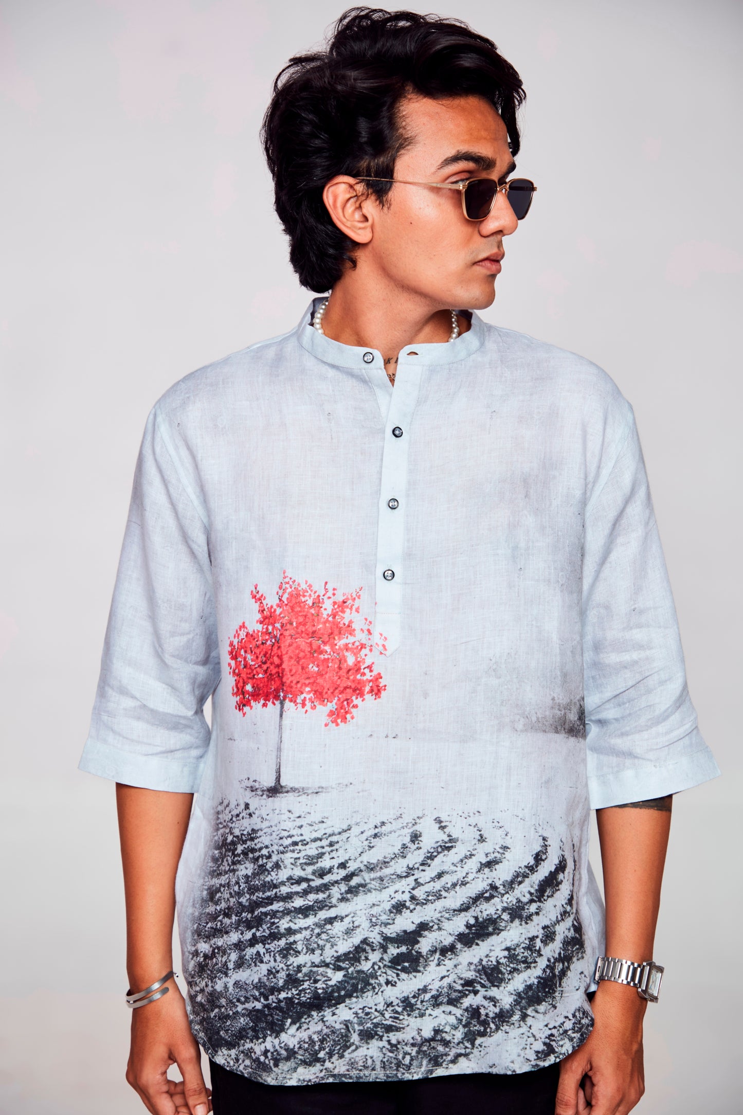 Mystic Forest : Artistic Journey through Nature - Pure Linen 3/4 Sleeve Kurta Style Shirt