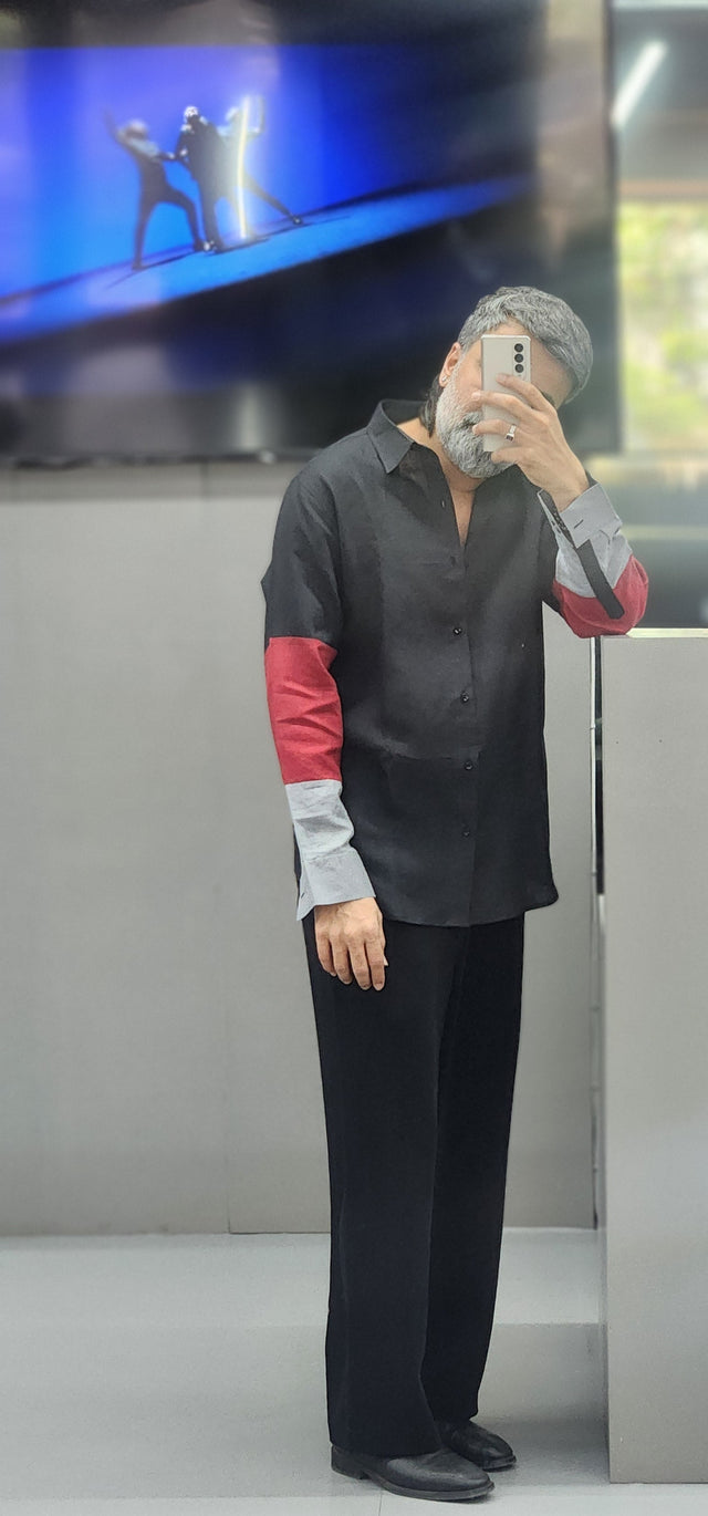 Black Pure Linen Long Sleeve Shirt with Crimson Red & Grey Color-Blocked Sleeves