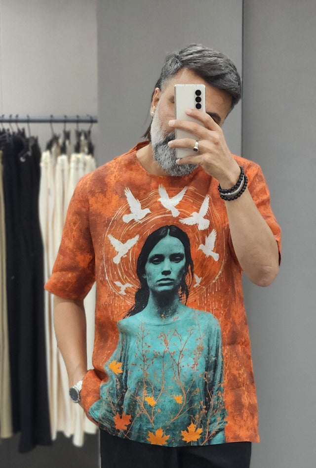 Rust & Teal Mystical Portrait Pure Linen T-Shirt style Shirt