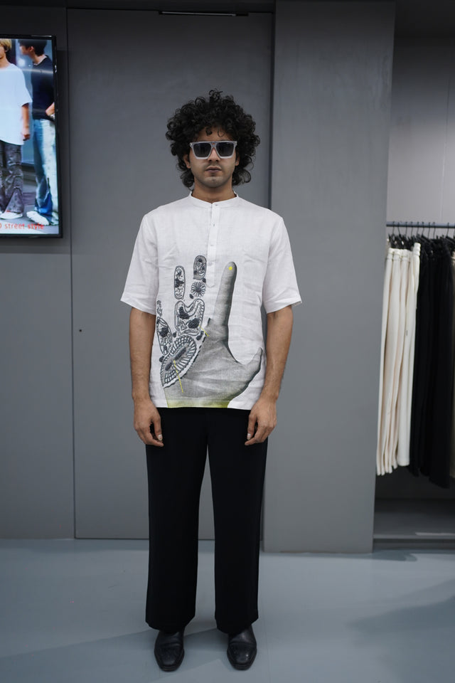 The Midnight Flora: Hand-Embroidered with Digital Print Pure Linen Kurta Style Shirt - AddysForMen®️