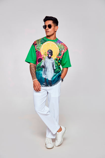 Nature's Harmony : Vibrant Blend of White and Green - Oversize Linen Tshirt