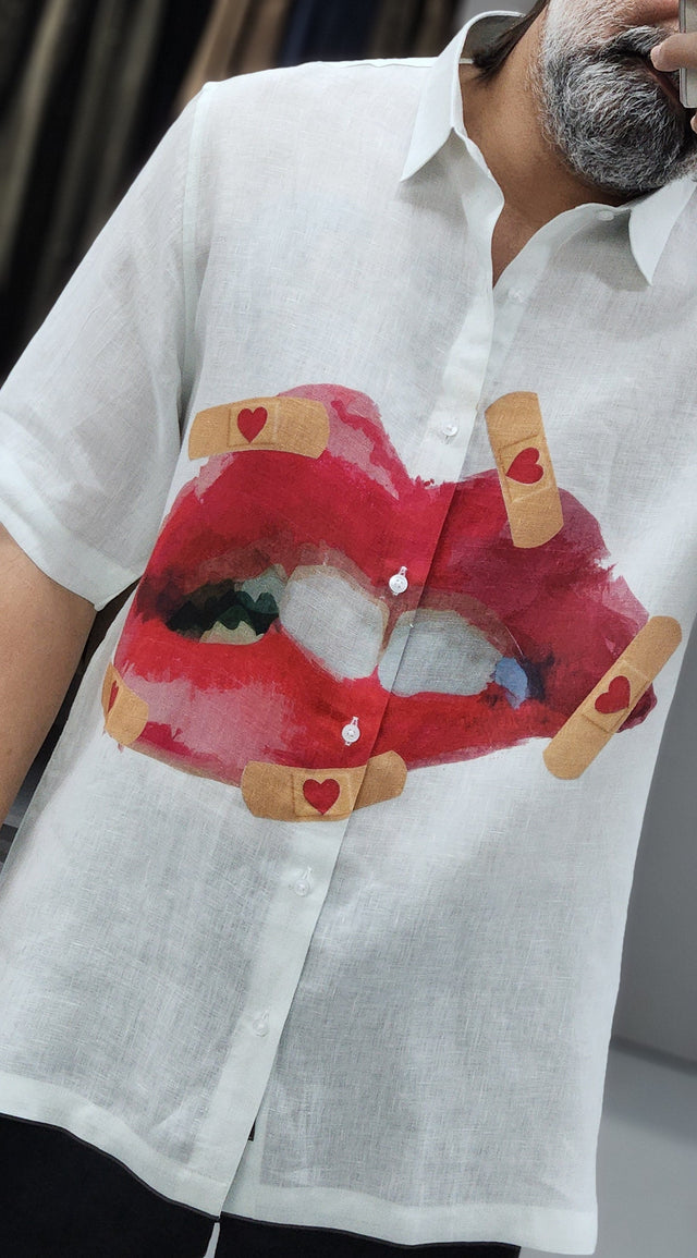Bandaged Lips Digital Print Pure Linen Shirt