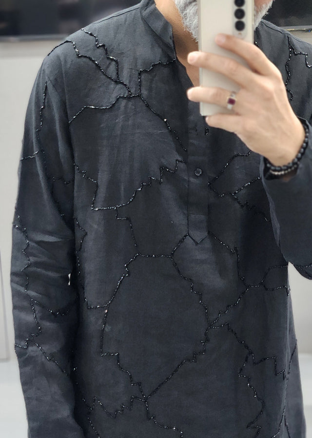 Jet Black Midnight Mosaic Hand Khatli Pure Linen Kurta