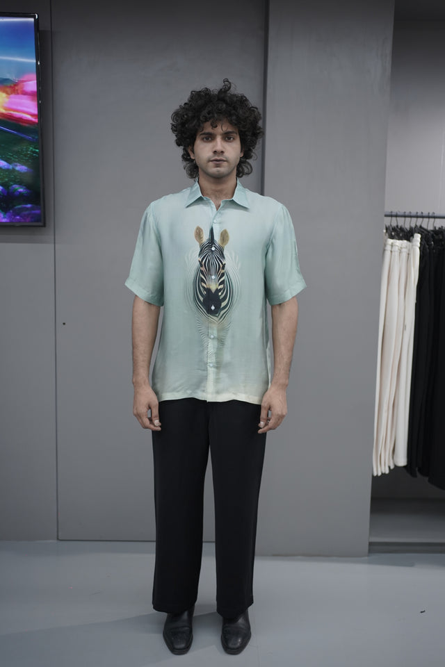 The Neon Abyss: Integrated Digital Pure Bemberg Satin Short Sleeve Shirt - AddysForMen®️