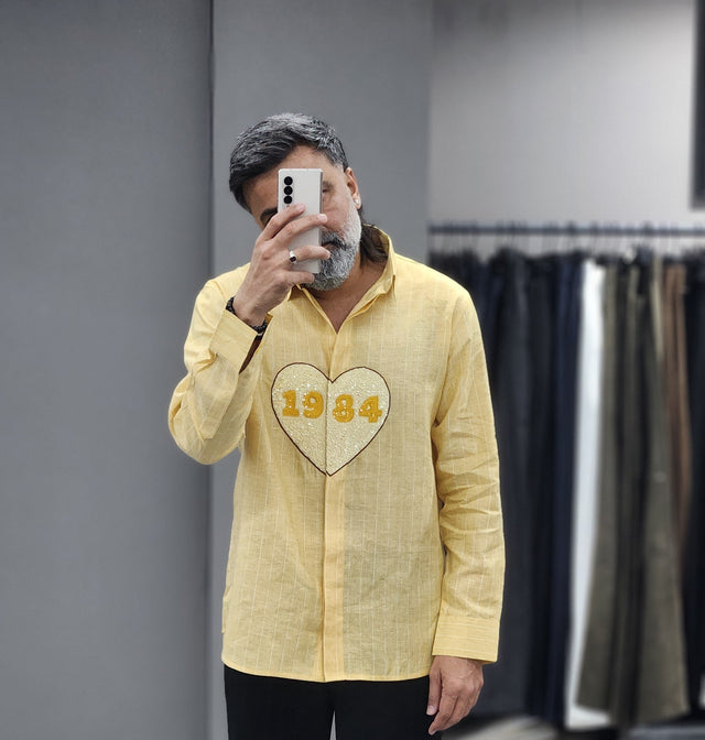 Pastel Yellow Striped Linen Shirt with Personalised Heart Motif