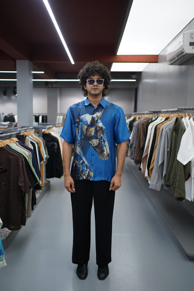 The Galloping Luster: Horse Digital Print Pure Bemberg Satin Short Sleeve Shirt - AddysForMen®️