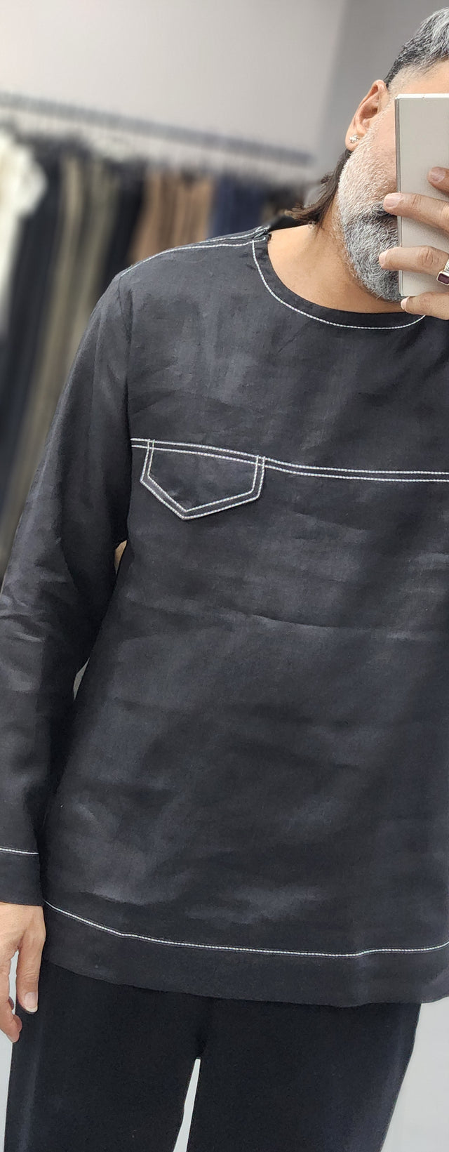 Black Round-Neck Contrast Topstitch Linen Shirt