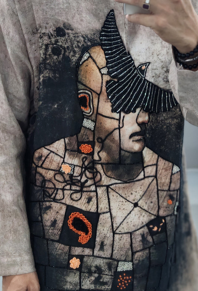 Sepia Stone Cubist Digital Print Portrait Hand Khatli Pure Linen Kurta