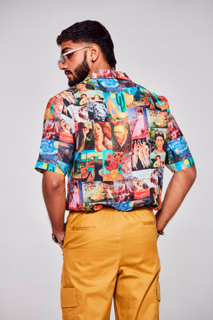 Artistic Collage : Exquisite Fusion of Stories - Pure Linen Cuban Coller Shirt