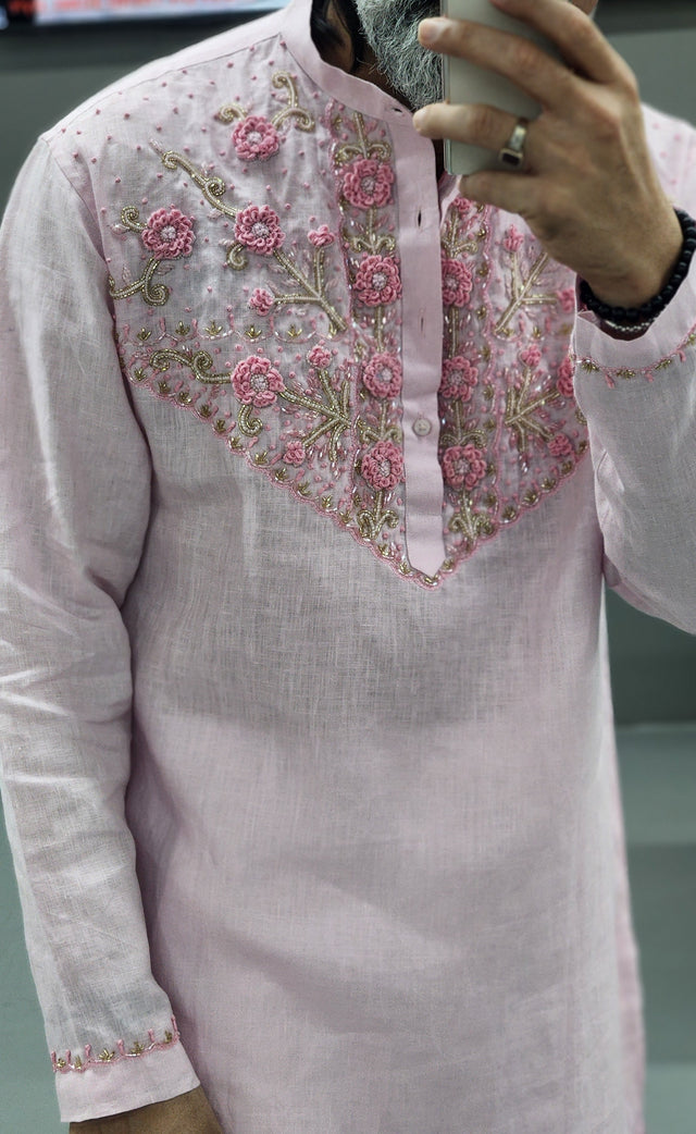 Blush Pink Floral Bouquet Hand Khatli Pure Linen Kurta