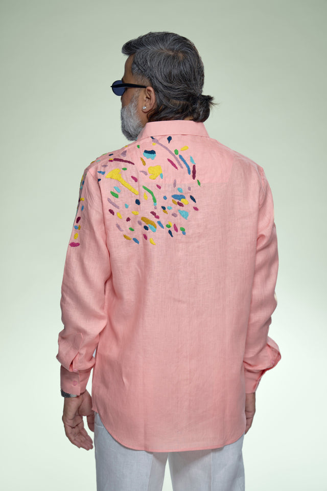 Corner Masterpiece : 9-Hour Front & Back Corner Hand Embroidered Pure Linen Full Sleeve Shirt - AddysForMen®️