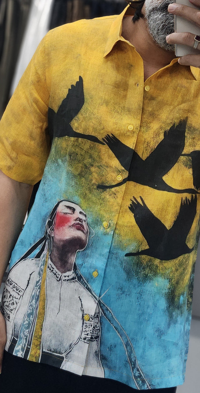 Celestial Birds & Portrait Pure Linen Shirt