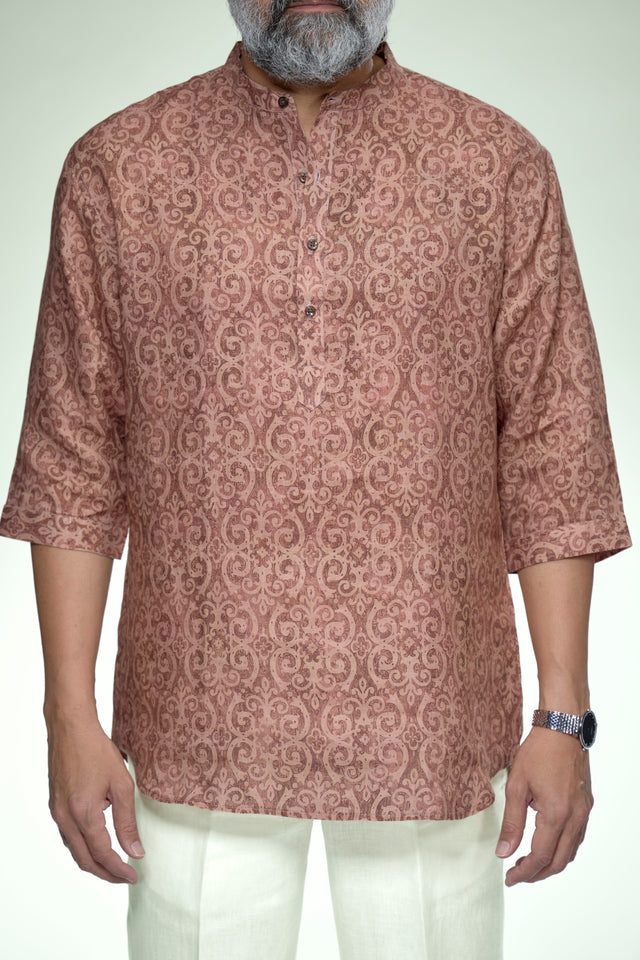 Indigo Geometry Pure Linen 3/4 Sleeve Kurta Style Shirt - AddysForMen®️