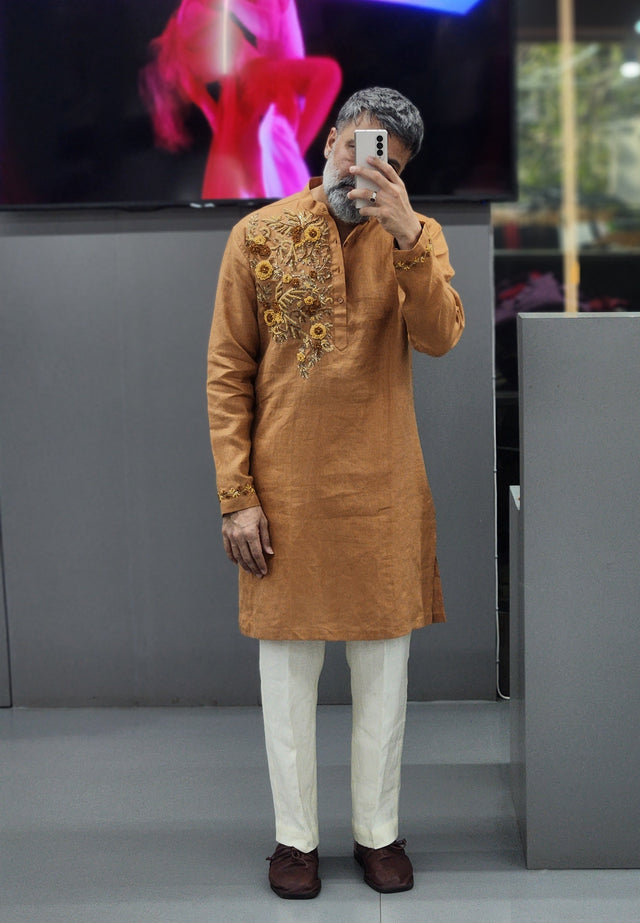 Mustard Ochre Asymmetric Floral Garden Hand Khatli Pure Linen Kurta