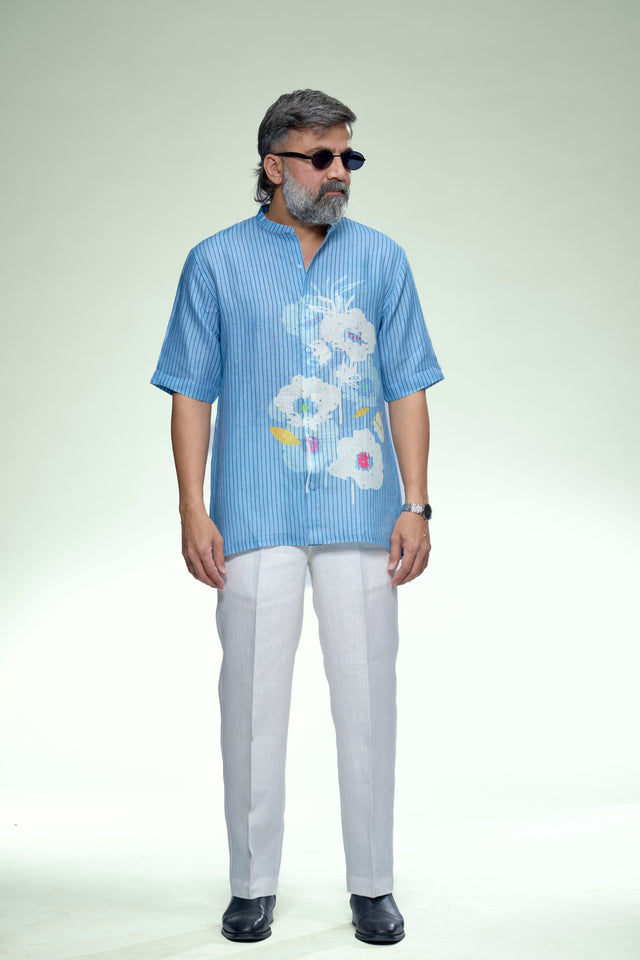 Sky Blue Artistic Floral Pure Linen Short Sleeve Shirt - AddysForMen®