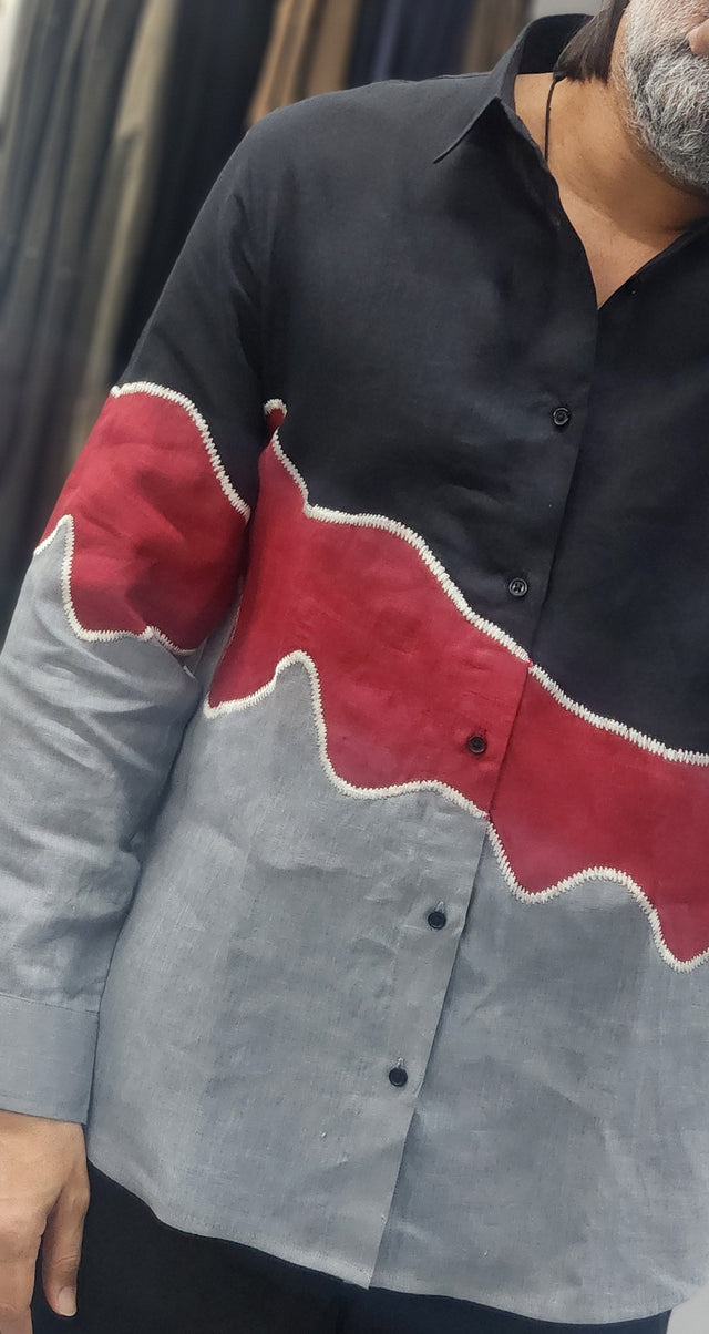 Tri-Tone Pure Linen Shirt with Wavy Crimson Red Panel & Stitch Detailing