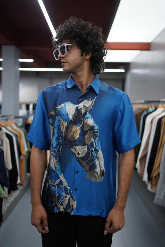 The Galloping Luster: Horse Digital Print Pure Bemberg Satin Short Sleeve Shirt - AddysForMen®️