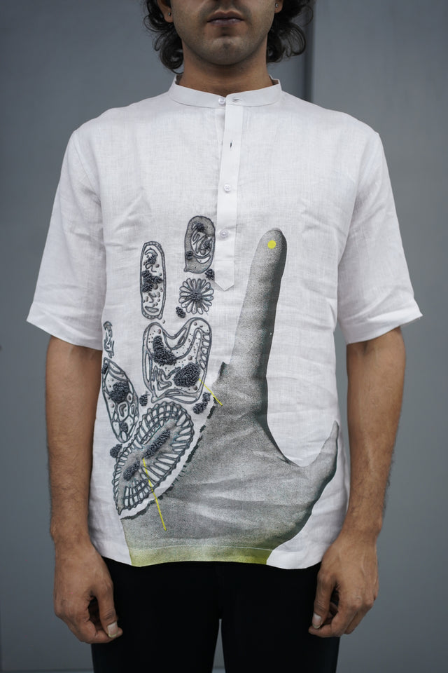 The Midnight Flora: Hand-Embroidered with Digital Print Pure Linen Kurta Style Shirt - AddysForMen®️