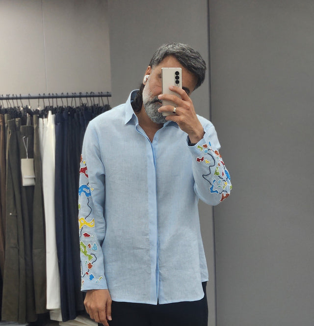 Light Sky Blue Pure Linen Long Sleeve Shirt with Hand-Embroidered Sleeve Motifs