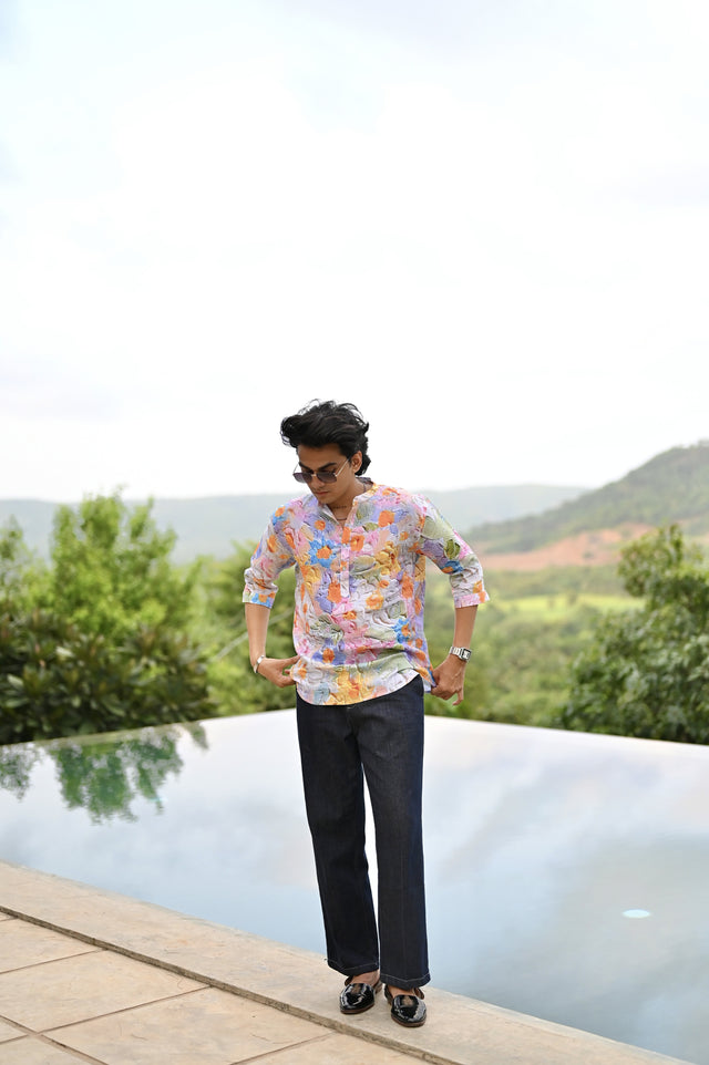 "Botanical Bliss : Vibrant Floral Paradise Blooms - 3/4 Sleeve Kurta Style Shirt"