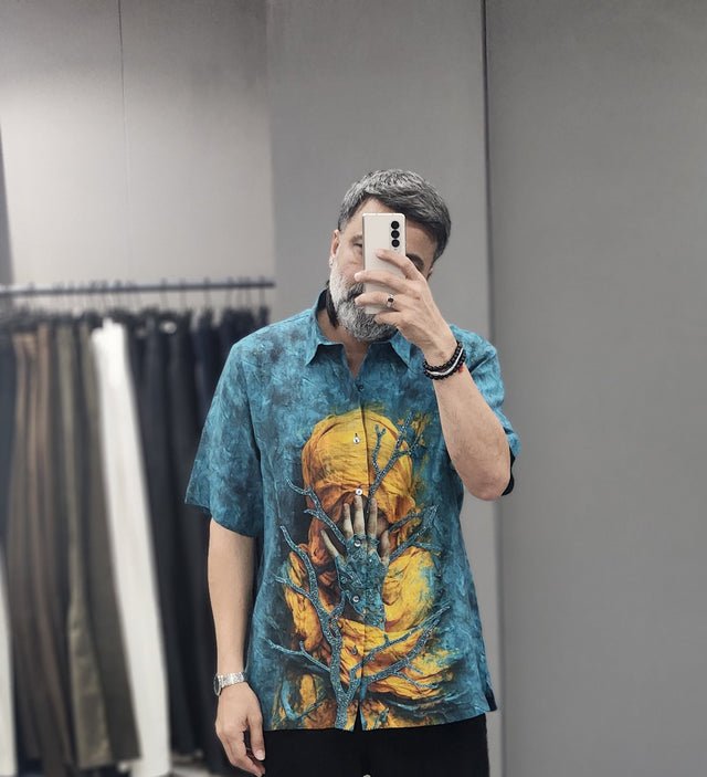 Ocean Blue Digital Print Linen Shirt with Beaded Coral Work