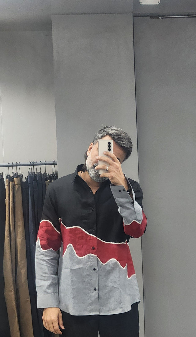 Tri-Tone Pure Linen Shirt with Wavy Crimson Red Panel & Stitch Detailing