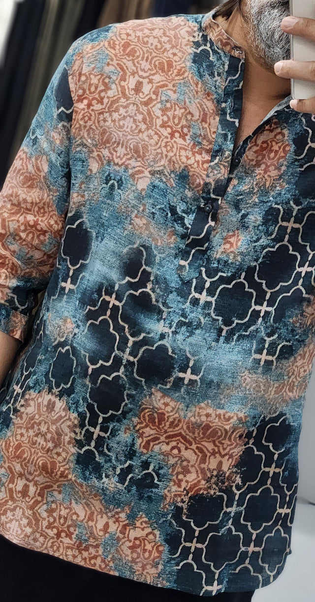 Ottoman Tile Digital Print Pure Linen 3/4 Sleeve Kurta Shirt