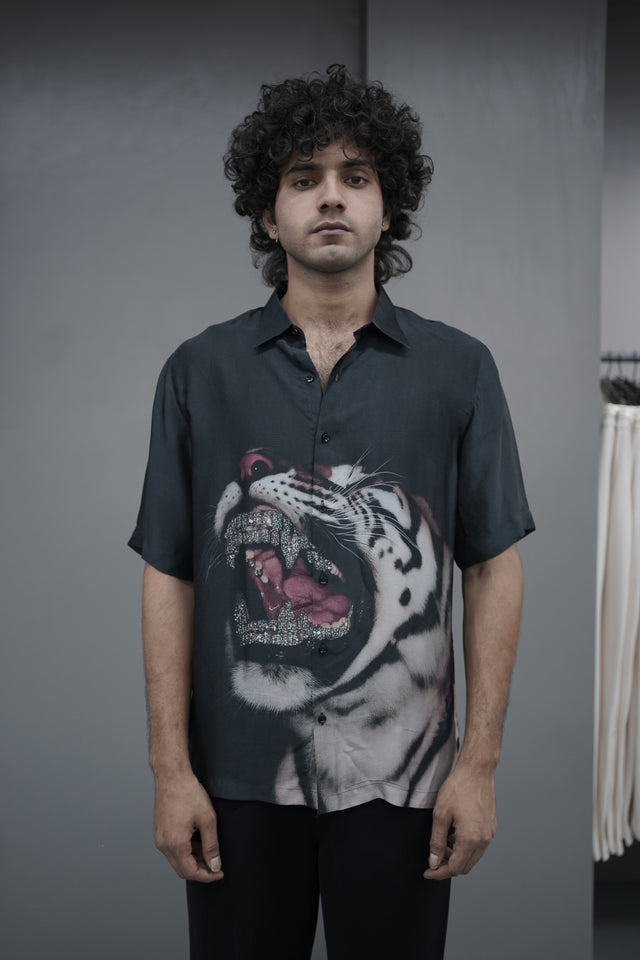 The Apex Luster: Tiger Digital Print Pure Bemberg Satin Short Sleeve Shirt - AddysForMen®️