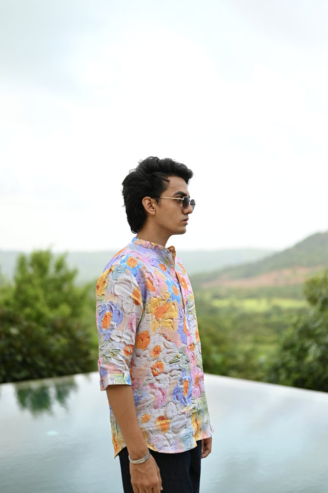 "Botanical Bliss : Vibrant Floral Paradise Blooms - 3/4 Sleeve Kurta Style Shirt"