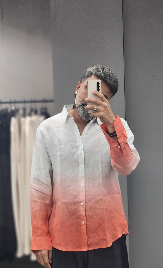 Coral Horizon Ombré Digital Print Pure Linen Shirt