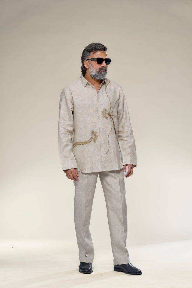 Hemisphere 7 - Hand-Embroidered Pure Linen Full Sleeve Shirt - AddysForMen®️