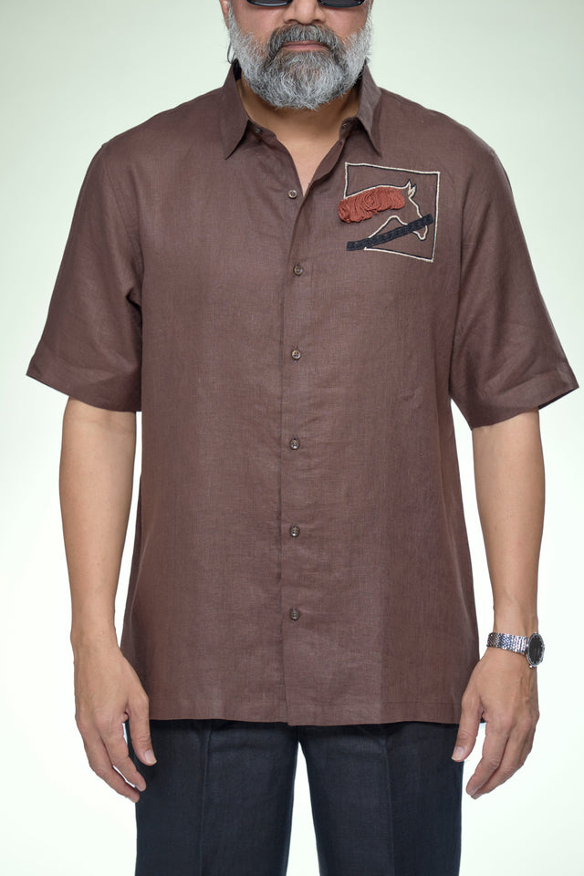Equestrian Soul: 7-Hour Front & Back Hand-Embroidered Pure Linen Half Sleeve Shirt - AddysForMen®️